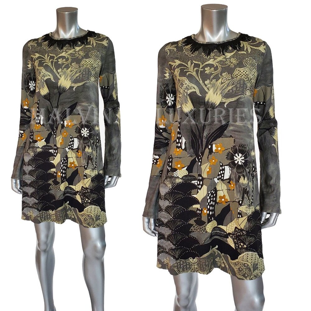 SAVE THE QUEEN DRESS MIXED FLORAL PRINT LONG SLEEVES FRINGE NECKLINE sz M MEDIUM
